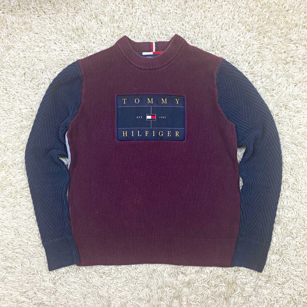 Tommy Hilfiger Mens Colorblock Sweater Size M Maroon Navy Flag Crew Rib-Knit